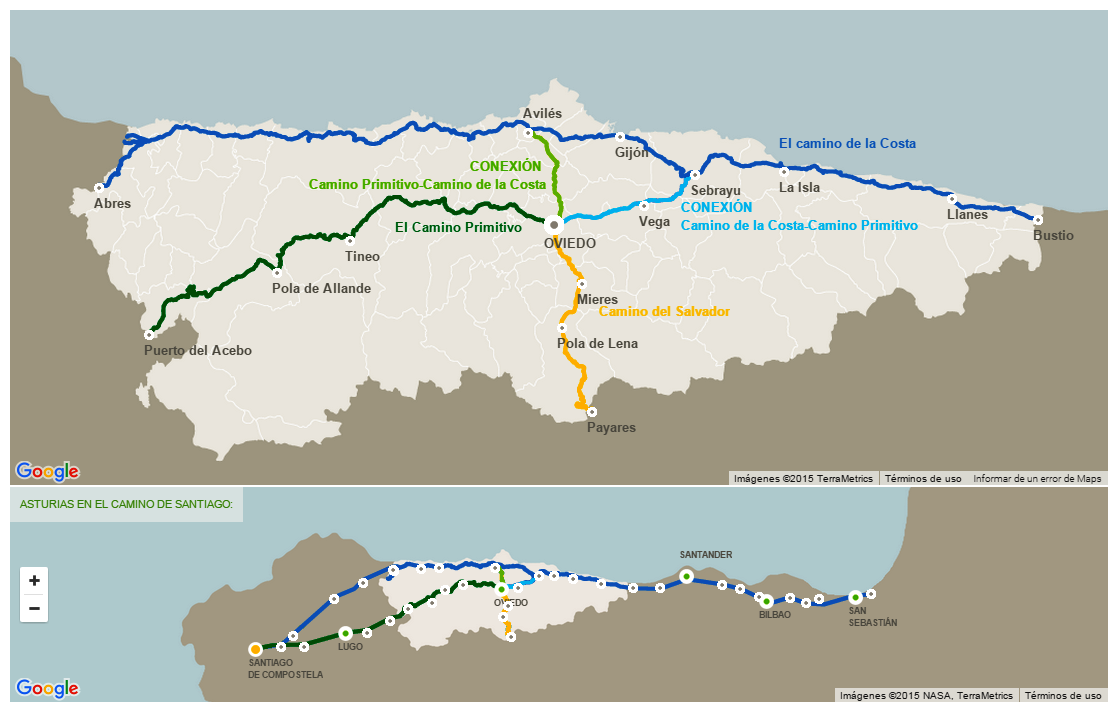 Mapa de los trazados del Camino de Santiago en Asturias